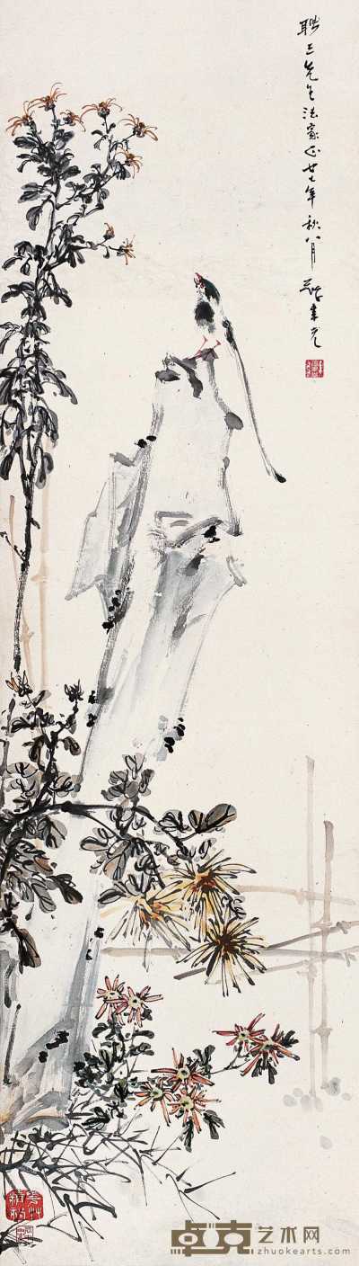 张聿光 民国2十7年作（1938年作） 花鸟 立轴 142×41cm
